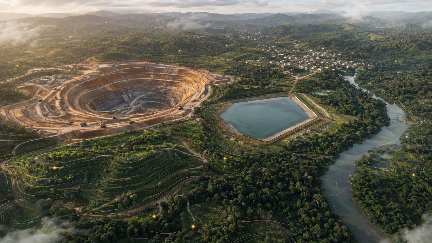 Illustrated Ghana-inspired open pit mine surrounded by forest, water features and restored land